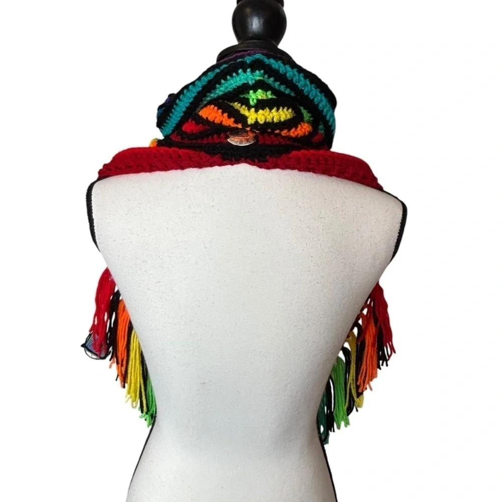 Handcrafted Crochet Cowl Neck Scarf With Fringe Rainbow Colors New Handmade Knit